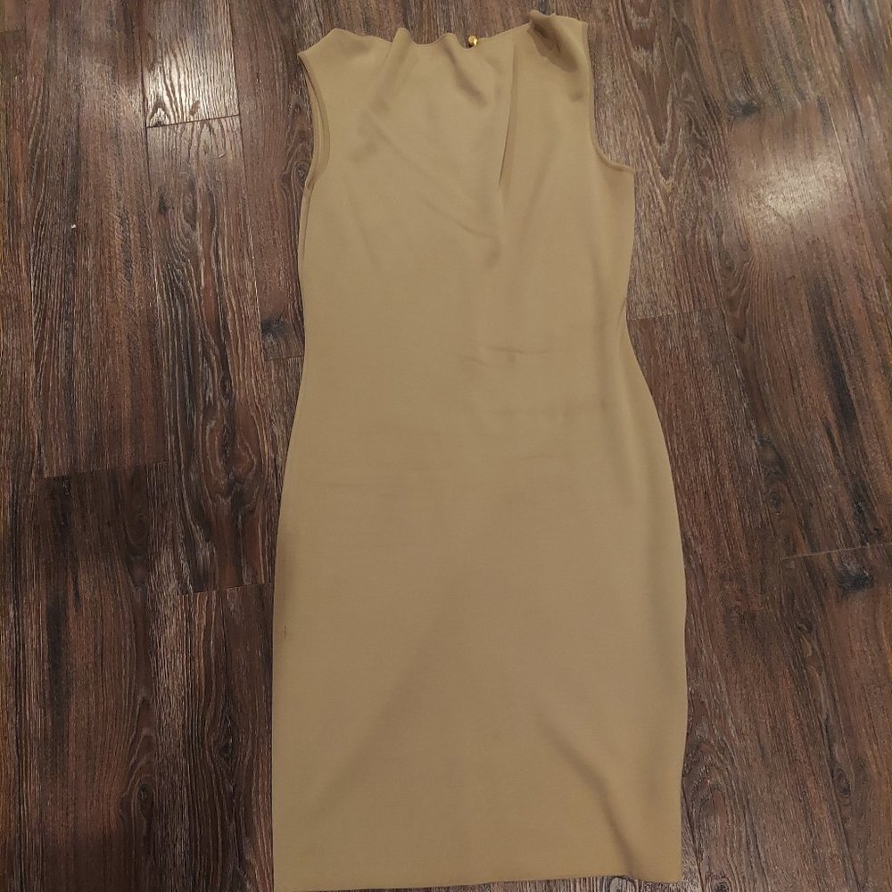 St. John Tan Beige Drape Cowl Neck Sleeveless Dress W/goldtone bauble at neck